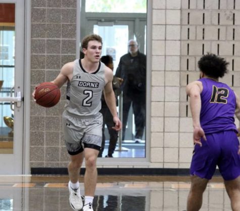 Brady Timm brings the ball up the court. Timm is a freshman at Doane University. 