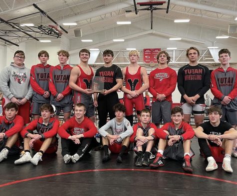 The wrestling team poses with the first place team trophy at the DC West dual tournament in 2022. The Chieftains overcame a close dual with Concordia-DC West to claim the title and clinch a state dual berth. Top row left to right: Brett Martin, Bryce Kolc, Isaac Kult, Derek Wacker, Josh Jessen, Jett Arensberg, Jesse Keiser, Josh Fisher. Bottom row left to right: Nathan Rupp, Tannen Honke, Zach Krajicek, Janson Pilkington, Drew Krajicek, Max Egr, Trevin Arlt. Courtesy Photo