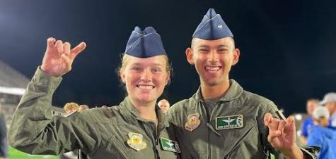 Frankie Hendricks (left) poses with fellow ROTC cadet Ty Wilkinson in their flight suits. The cadets were taking part in push-up crew, where ROTC members stood on the football field and performed push-ups each time CSU scored.