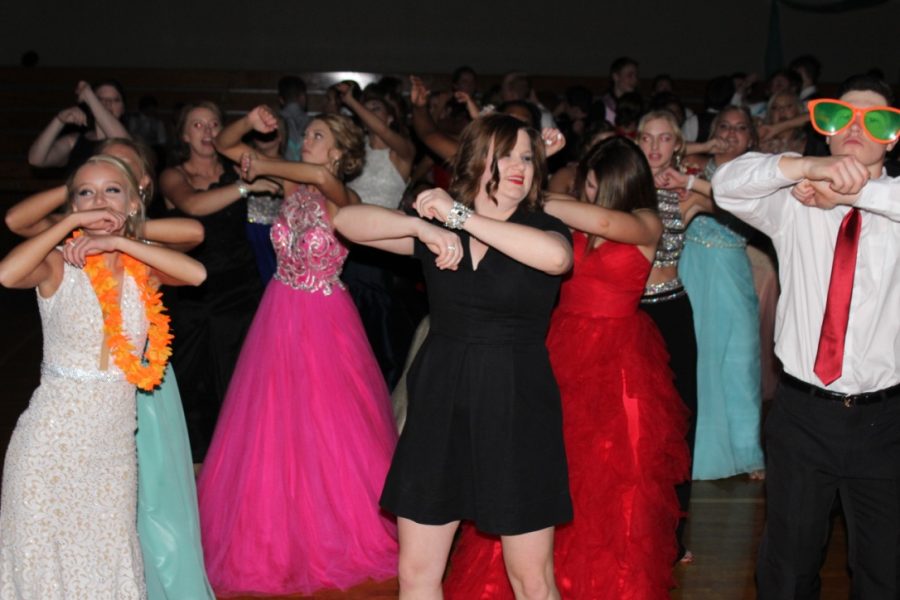 Math teacher Natalie Zabrocki leads the students in The Wobble during prom 2017.  Zabrocki was known for taking the lead on group dances during both homecoming and prom.