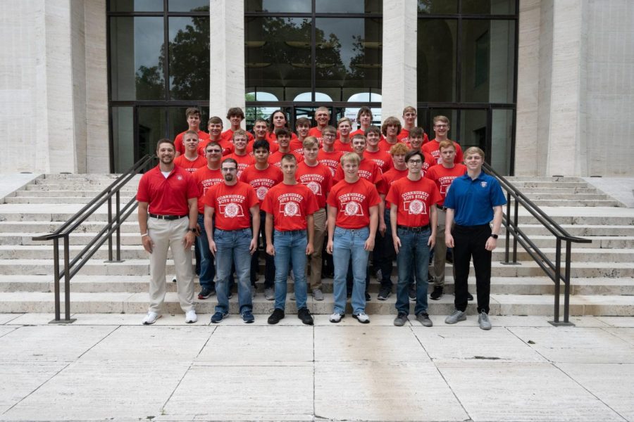 Senior Zack Krajicek poses for a picture with a group called Alamo containing fellow students from different schools around Nebraska. Krajicek learned about leadership while at boys state.