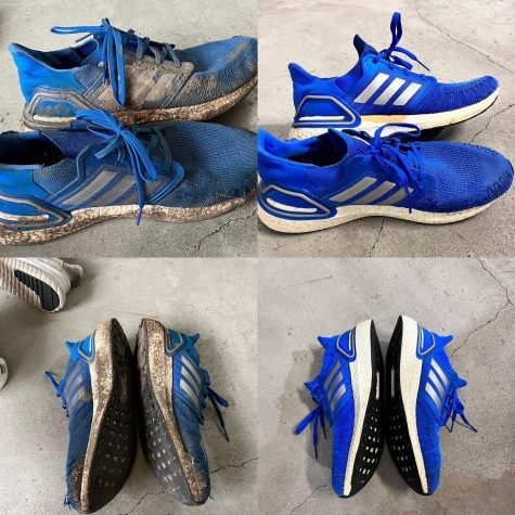 These before and after pictures show senior Jude Elgerts progress after cleaning a customers shoes. Elgert posts his before and after pictures on Instagram to advertise his company.