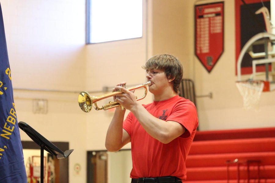 Derek Wacker plays Taps on the trumpet near the end of the Veterans Day assembly. Taps is played as a remembrance for all those service members who have died. 