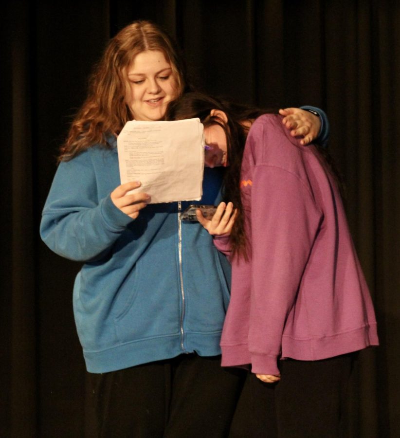 Junior Skylar Crews is playing the stress-ridden casting director in the play, Bad Auditions Caught on Camera. Shes comforting a distressful actress by the name of **. ** is played by junior Kayleen Pettinger. 