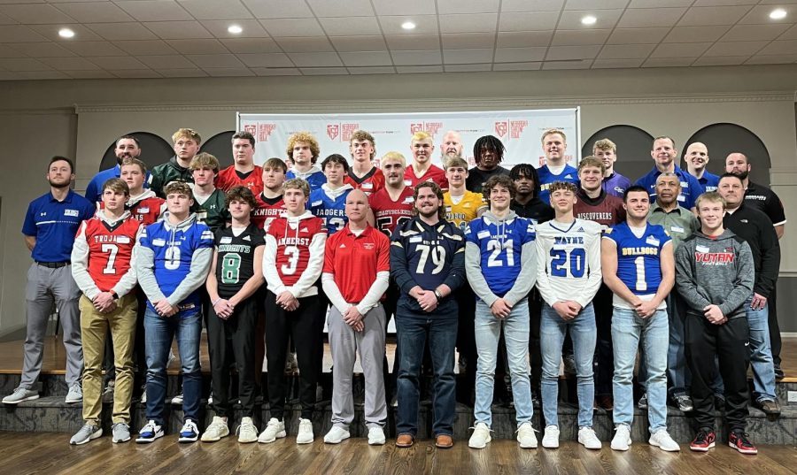 Senior Zach Krajicek stands with all the players on his team (The North team) for the Shrine Bowl. This was at the Player Press Conference where the rosters for both the North and South teams were released. (Courtesy Photo)
