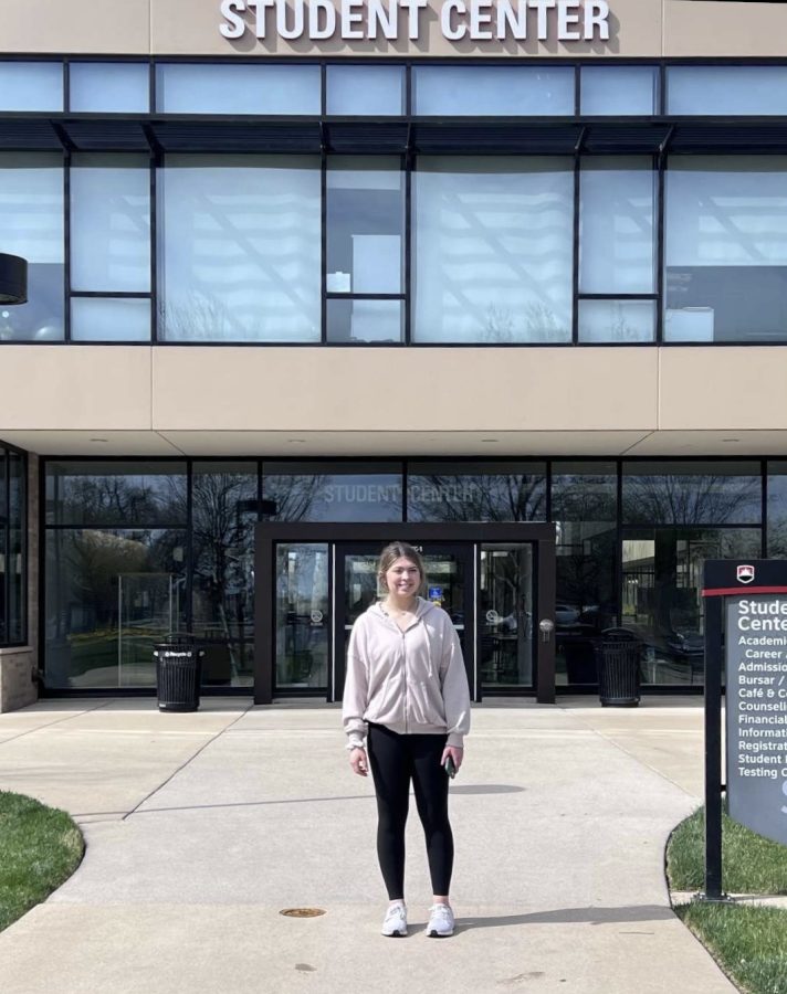 Senior Taylor Novak poses in front of the Student Center at Waubonsee Community College just outside of Chicago, Illinois. Novak plans to pursue a career as an anesthesiologist technician or an assistant in another area of nursing.
