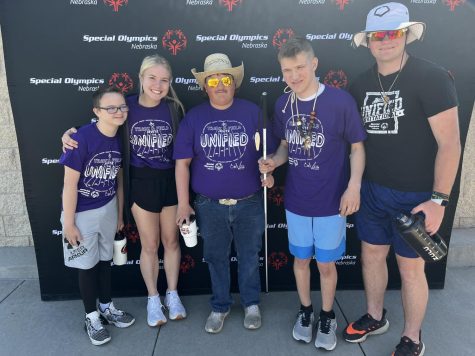 Yutans unified track and field participants pose for a picture before the event.  From left to right are Ben Walz, Jade Lewis, Colton Kirchmann, Ollie Egr, and Owen Sutter.