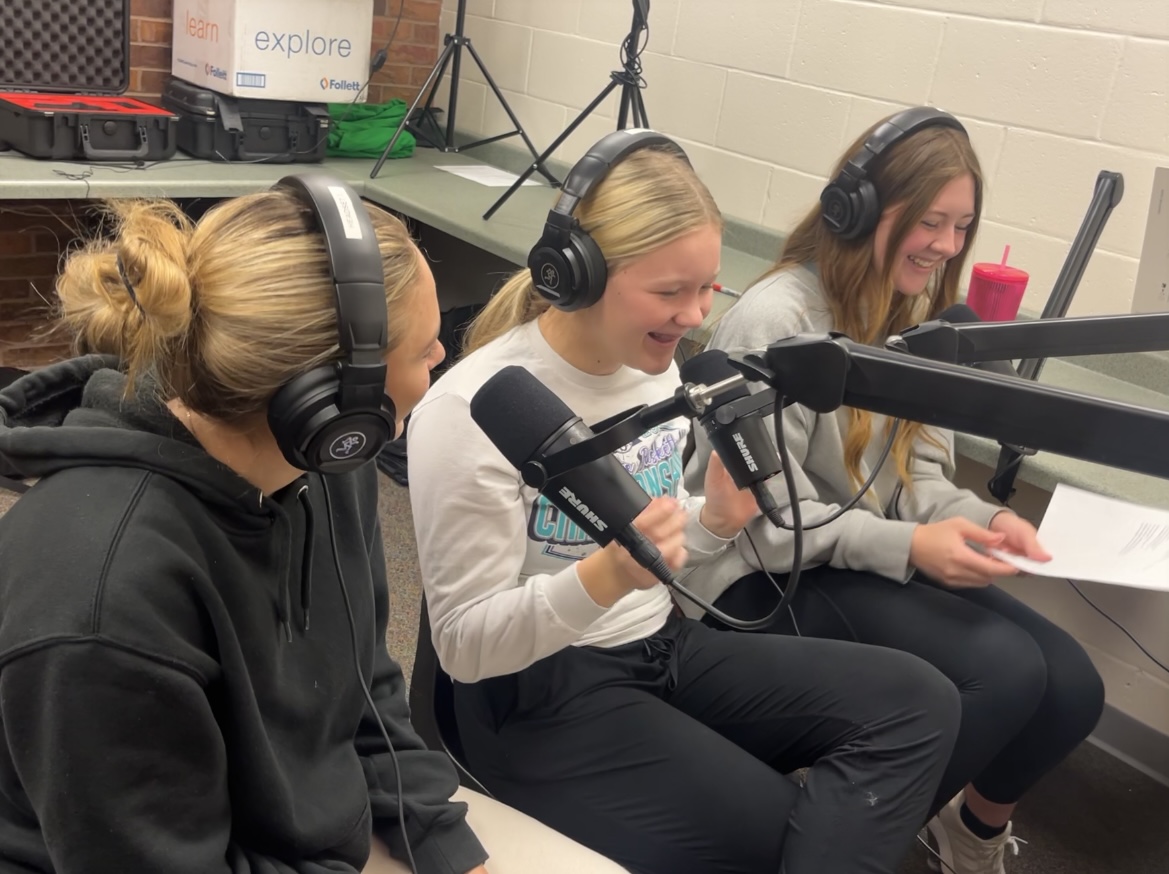 Sophomores Jordyn Campbell, Olivia Chapman and Madison Wilson record a new episode for their podcast titled 402 White Girls. Campbell, Chapman and Wilson are all in their first year of Striv Broadcasting.