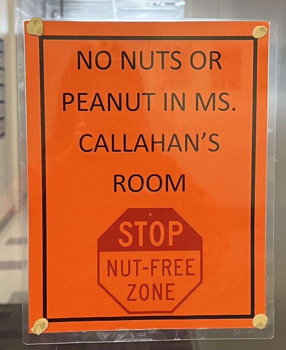 Science teacher Megan Encarnacions sign outside her classroom to let students know to not bring peanuts in. Encarnacion has been teaching at Yutan for two years.
