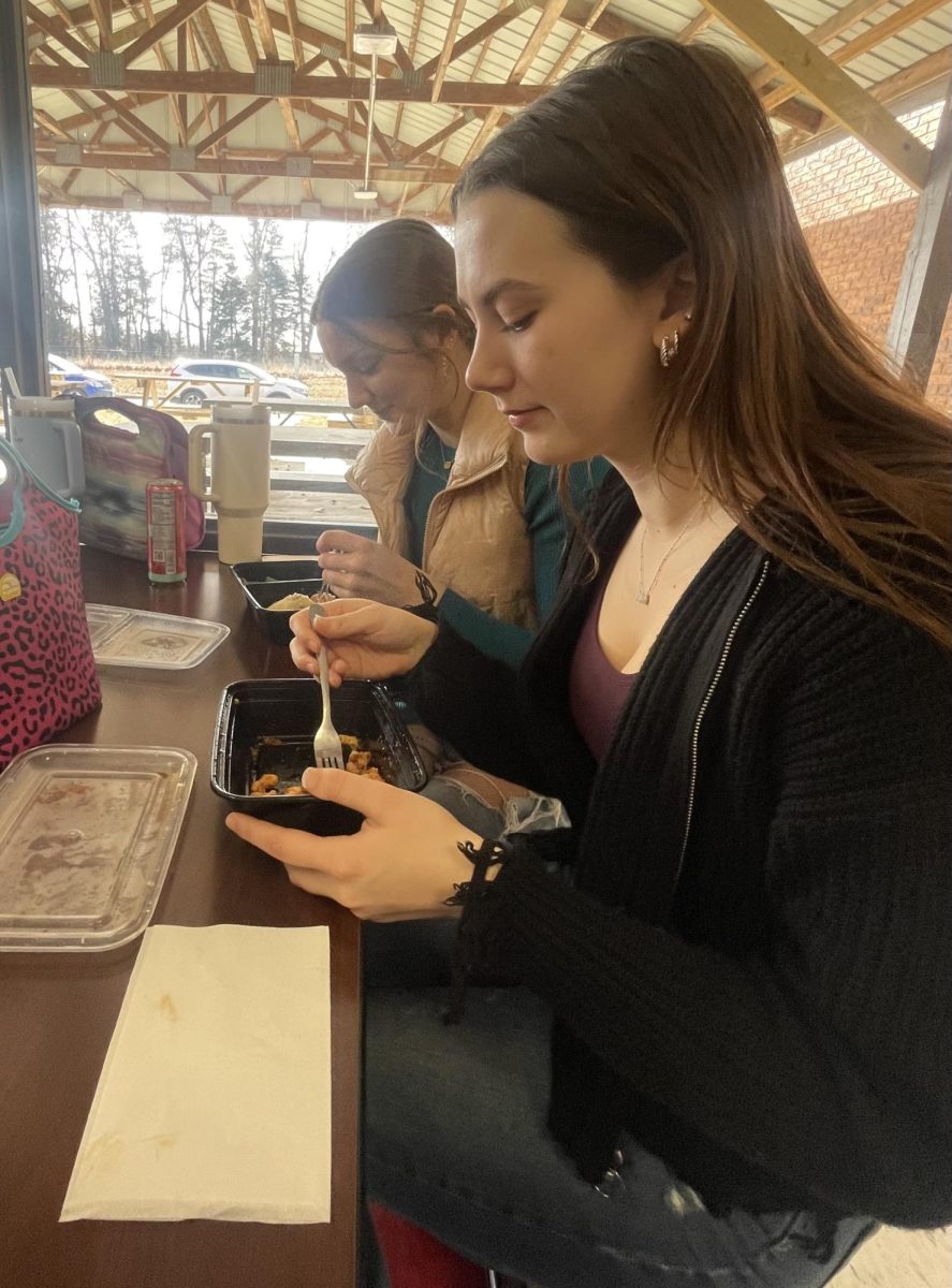Senior Maura Tichota and sophomore Mylee Tichota eat their lunch that was meal prepped on Sunday. Their schedule when meal prepping on Sundays consists of going to the grocery store, cooking the meals and then splitting it into multiple containers.