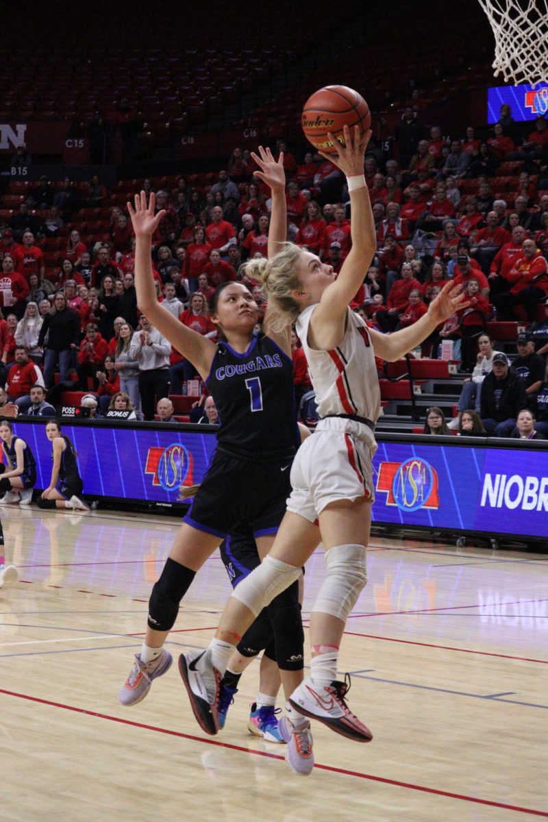 In the first round of the state tournament,  junior Jade Lewis finishes her layup. Lewis had the most rebounds on the team throughout the state championship games.  