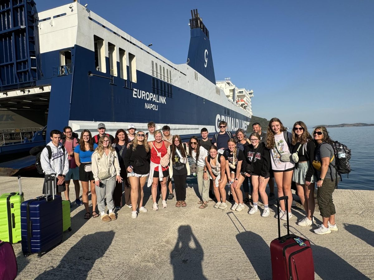 The group of travelers wait to board the ferry. This 8-hour ferry ride took the group from Greece to Italy.  