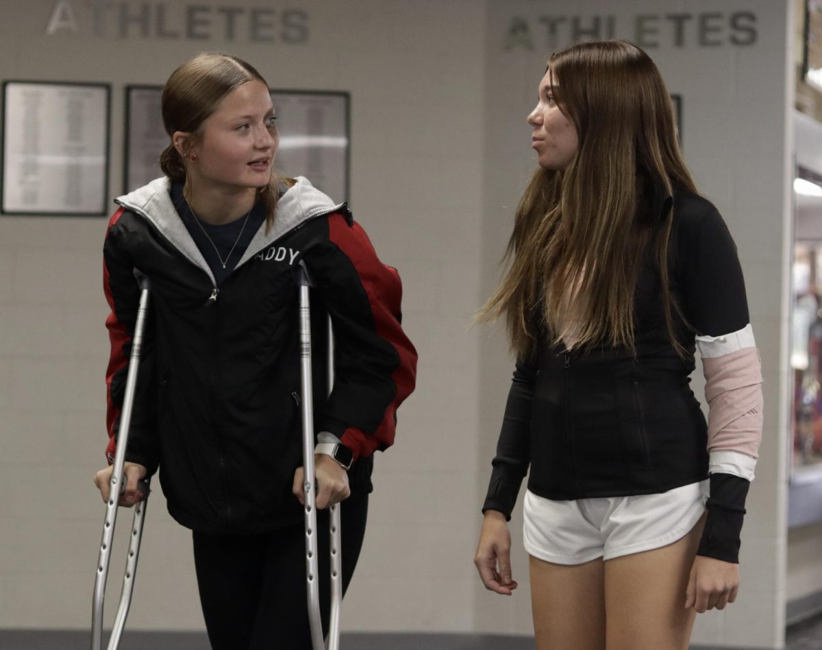 Sophomores Addy Darling and Avery Schmidt show off their “injuries” on  Wambulance Wednesday. On Wambulance Wednesday, 68 percent of the sophomores dressed up but the most they dressed up was Tuesday, color day, at 87 percent. “The best part of the day was when me and Avery went into the bathroom before school and put makeup on for our black eyes,” Darling said. 