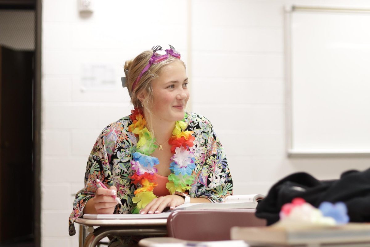 Sophomore Aubrey Zeleny dressing up for Hawaiian day. The sophomore class got second to last place in the dress up contest.