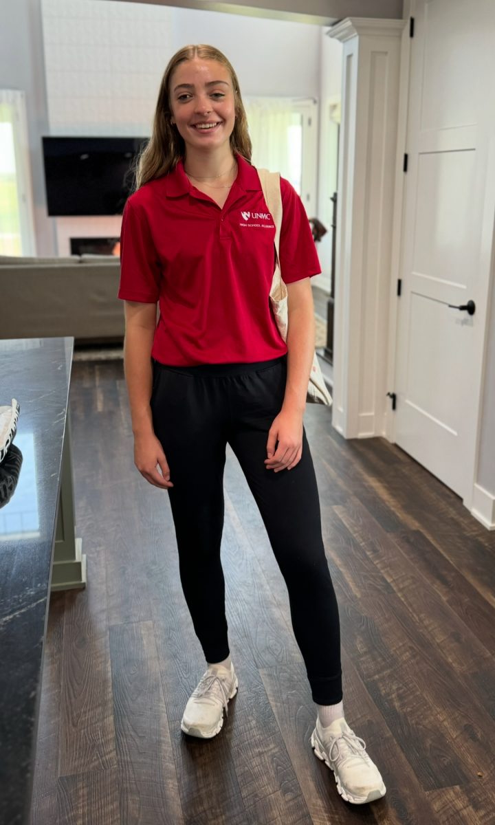 Senior Amelia Dieckman poses in her High School Alliance shirt before her first day of classes. This is a year long class.