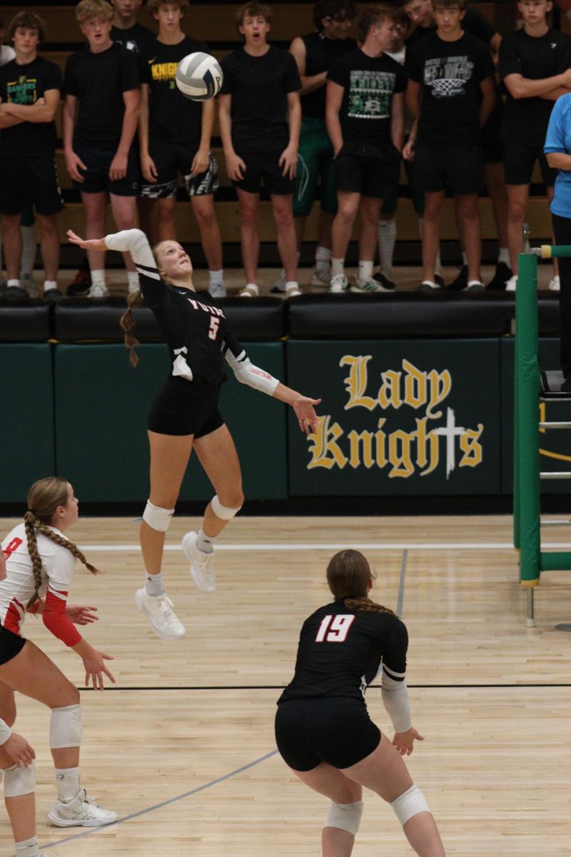 Junior Mylee Tichota hits the ball down the line against Fremont Bergan. Yutan won the game 3-0.