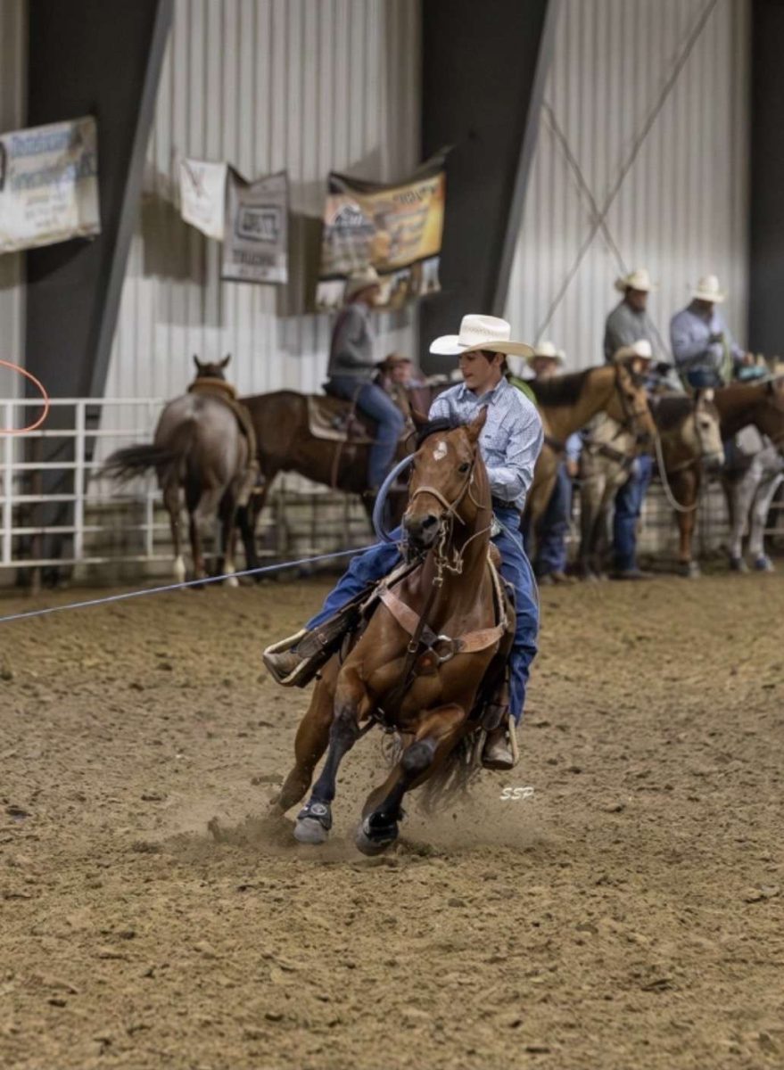 Sophomore Holden DeGroff ropes the horns of a steer during a team roping competition.
DeGroff placed first at this competition.