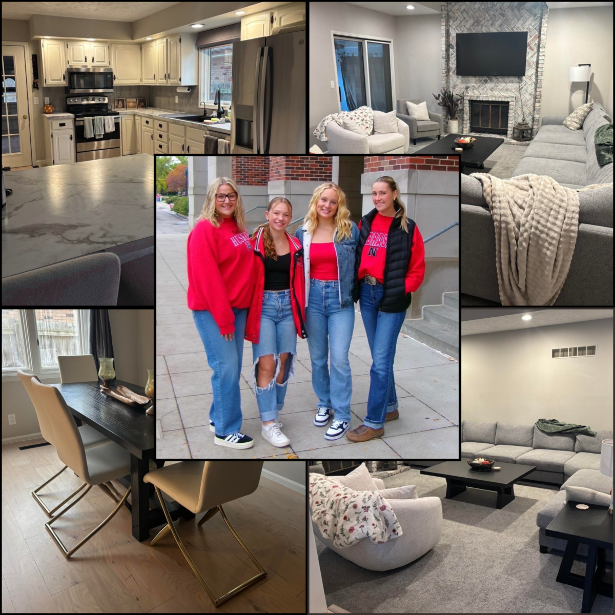 Bella Tederman (second from left) poses with her roommates for a picture. Behind her photo are the kitchen, dining and living areas of Tedermans house. 