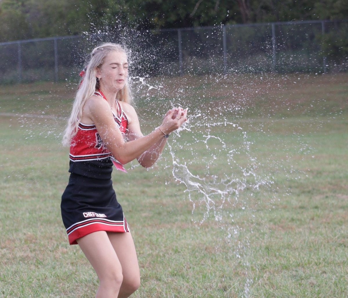 While participating in the Chieftain Games, sophomore Audrey Dieckman tries and fails to catch the water balloon. Dieckman and her partner, sophomore Jersey Daniels, were eliminated in round two. “It was really fun, but the balloon was cold, and it didn’t help that it popped in my face,” Dieckman said.