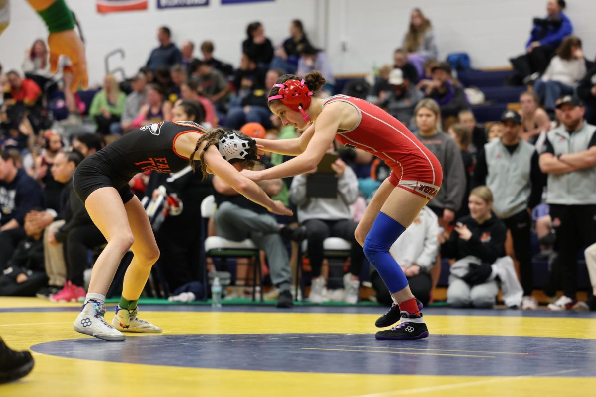 Freshman Hayleigh Darling wrestles in the 100 pound weight division at the Raymond central meet. Darling won this match by pin in the first period. She went 3-0 at this meet.
